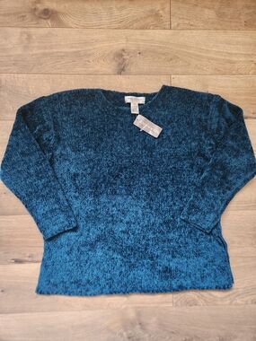 NWT Jones New York Teal Chenille Scoop Neck Sweater Split Hem Large